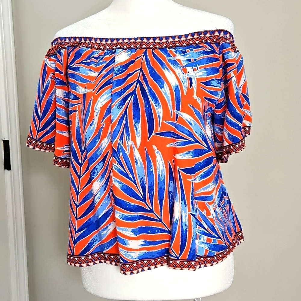 Flying Tomato Tropical Leaf Print Blouse XS Orange Blue Off Shoulder Boho Top - Picture 4 of 11
